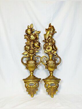 Vintage Syroco Set of 2 Gold Floral Hollywood Regency 23" Urn Wall Plaques